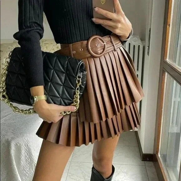 Zara Brown Pleated Leather-Look Mini Skirt with Belt - Picture 1 of 8